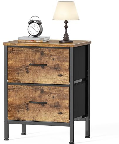 HOMIDEC Nachttisch, Beistelltisch mit Metallrahmen und 2 großen Stoffschubladen für Schlafzimmer, Wohnzimmer, Vintage Braun, 42 x 30 x 55 cm