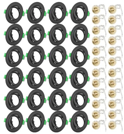 Tofisr 24er Einbaustrahler GU10 Set, Spot Einbaurahmen Rund Matt Schwarz, inkl. GU10 Fassung, Lochdurchmesser 68mm-80mm, 30° Schwenkbar Einbauspots Rahmen für LED oder Halogen(50mm-Lampen), 24 Stück