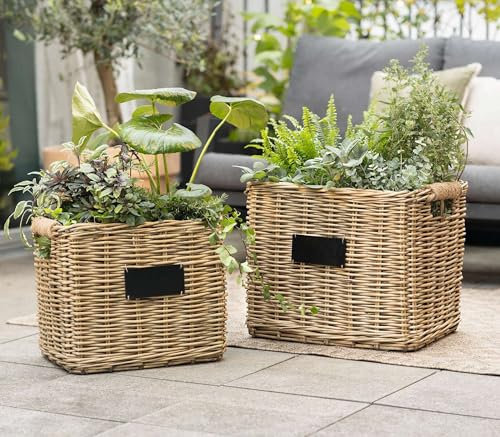 Dekoleidenschaft 2X Pflanzkorb Soft Grey aus Weide, rechteckig, grau, groß, Blumentopf, Pflanzkübel, Pflanztopf für Draußen, Blumenkübel