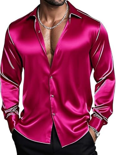Barry.Wang Men's Hot Pink Shirts Long Sleeve Dress Shirts Stretch Button Down Satin Shirt Formal Casual Business Wedding