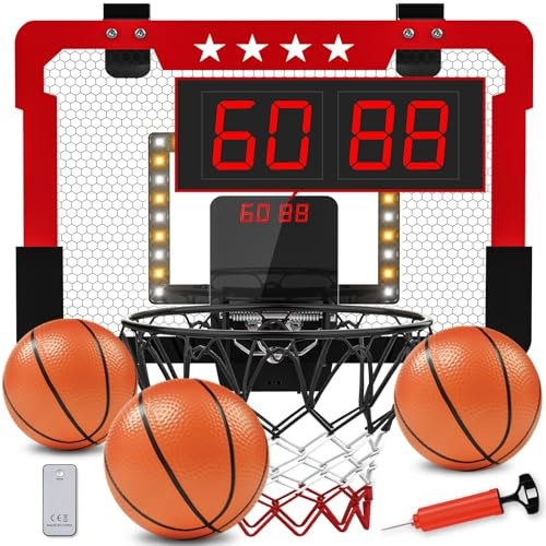 Panier de Basket Enfant, Jeu de Basketball Mural avec Double Tableau d'affichage Électronique, Son, Lumière LED, Jouet Interieur Sport Cadeau d'anniversaire Garcon Fille Ado 5 6 7 8 9 10 11 12 Ans