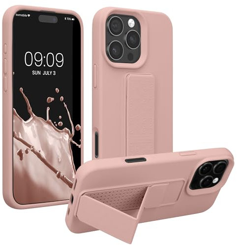 kwmobile Case Compatible with Apple iPhone 16 Pro Max - Case with Hand Strap and Stand Soft TPU Silicone Coating - Dusty Pink