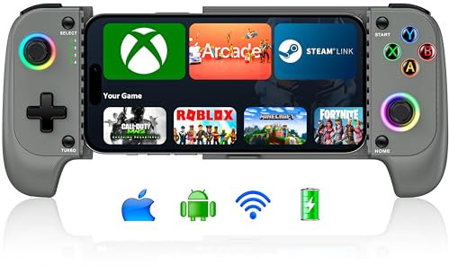 Phone Controller für iPhone/Android Support Phone Case, Mobile Controller mit RGB-Licht, Upgraded Joysticks, Batterie, Turbo, Daumengriffe Handheld Gaming Gamepad, Keylinker APP