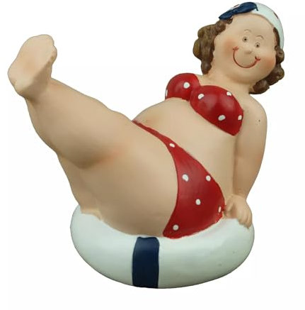 Generisch Deko Figur Mollige Badenixe Dicke Dame Frau im Badeanzug Urlauberin Badefrau Polyresin Schwimmring (3999ROT-B)