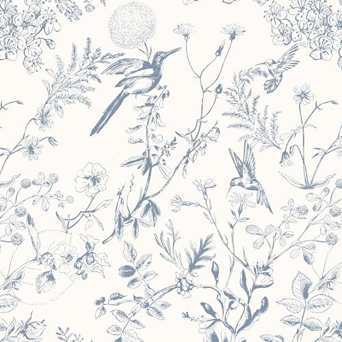 Timeet 44x600CM Peel and Stick Wallpaper Bird Floral Blue Self Adhesive Wallpaper Vinyl Film Stick Back Plastic Wallpaper Waterproof Contact Paper for Bedroom Living Room Wall Cabinet