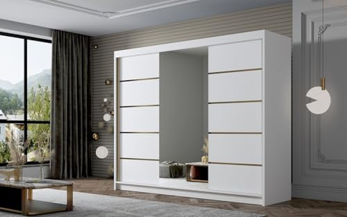ELUKS - FLAVIO GOLDEN STRIPES Sliding Doors Wardrobe with Mirror Furniture for Bedroom Living Room and Hall Organizer Width 100cm/120cm/150cm/180cm/200cm/WHITE/BLACK/CASHMERE (White, 200cm)