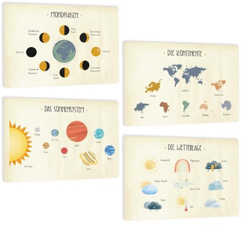 4er Set Lern Tischset Platzsets Platzdeckchen abwaschbar Kinder - Weltkarte Kontinente - MONDPHASEN Sonnensystem WETTERLAGE - rutschfest - Wetterfest waschbar Plastik Lernen Tischsets aus Kunstleder