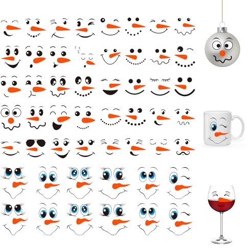 52 Stück Schneemann-Gesicht-Aufkleber – Weihnachts-Vinylaufkleber für Bastelarbeiten, Ornamente, Tassen, Gläser und Becher. Perfekt für DIY-Dekorationen und festliche Handwerksprojekte
