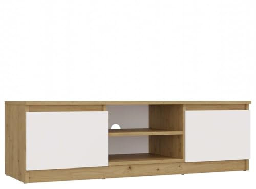 CDF Fernsehtisch – Fernsehschrank mit Kabelführung und Push-to-Open Fronten – 120 cm TV-Lowboard für Wohnzimmer Schlafzimmer – Platz für Deko Pflanzen Geräte – Eiche Artisan Weiß RTV120