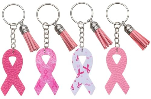Uzztfa Lot De 4 Porte-clés De Sensibilisation Au Cancer du Sein en Cuir PU Rose avec Pompon Ruban, Breloques De pour Femmes