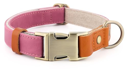 Plutus Pet Genuine Leather & Hemp Dog Collar, Adjustable, Gentle & Stylish | Heavy Duty, Pet Collar with Quick Release Metal Buckle, for Puppy Small Medium Large Dogs, Pink, S