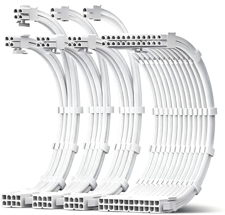 JEYI 18AWG PSU Extension Cable Kit, PVC Fabric Texture, 11.8in/30cm, White | Ultra Soft, Tinned Copper, 1x24Pin ATX / 1x8Pin(4+4) CPU / 2x8Pin(6+2) GPU Modular Cable, Pure Copper Wire with Combs