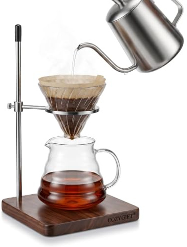 COZYGIFT Pour Over Stand with Walnut Base & 360° Adjustable Coffee Filter Holder, Height Adjustable Coffee Dripper Station for V60, Chemex & Glass Funnels, Pour Over Coffee Station (Stand Only)