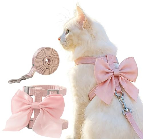 Katzenleine mit Geschirr für Katzen – Katzen Geschirr & Katzenleine für Kitten – Atmungsaktives Katzenhalsband mit Verstellbaren Riemen – Pink mit Schleife (S)