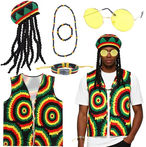 6 Stück Rasta Kostüm Zubehör Set mit Jamaikanischem Reggae Hut, Gelber Brille, Perlen Armband, Perlen Halskette, Jamaikanischem Armband und Rasta Weste für Karneval, Cosplay Partys, Unisex Erwachsene