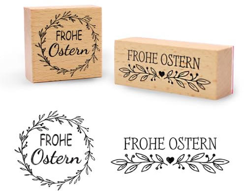 2 Stücke Stempel Frohe Ostern Motivstempel aus Holz, Ostern Stempel Blumenkranz für Scrapbooking OsterKarten Basteln, Geschenkpapier DIY Dekoration