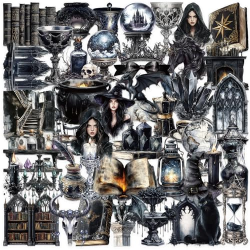 Alethron Magie Hexe Aufkleber 100 Stück, Wasserfeste Schwarze Fantasy Cartoon Magie Hexe Sticker Transparente Anime Aesthetic Witch Sticker Vintage PET Decals für Kindle Scrapbook Laptop Fahrrad