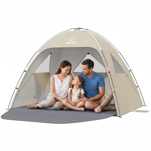 Wolfwise Strandmuschel, Sonnenschutz Strand, Strandzelt Standard 3 Personen | Großes Sonnensegel für UPF 50+ UV-Schutz & Einfacher Aufbau, Windfest & Sandsäcke, 220cm L × 150cm D × 122 cm H, Beige