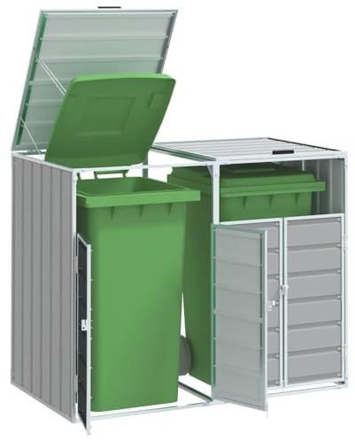Canditree Cache Poubelle Exterieur en Métal, Rangement de Poubelle à roulettes, Abri pour 2 Poubelles 240L (Gris)