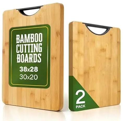 Tablas de Cortar de Bambú Set 2 Piezas.Tabla cocina madera. (38x28 + 30x20 cm) con Asa – Antibacterianas, Resistentes y Fáciles de Limpiar – Tabla Cocina Profesional