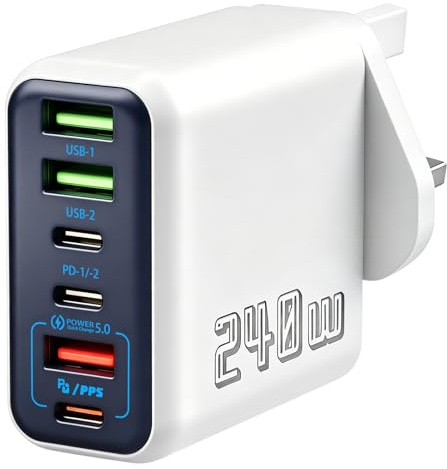 240W USB C Charging Station, 6-Port Multi USB Charger Plug for iOS Android | with 3 USB + 3 PD Ports Fast Charging for iPhone Samsung, Tablets and USB-C Devices– Super Fast USB C Multi Charger Plug UK
