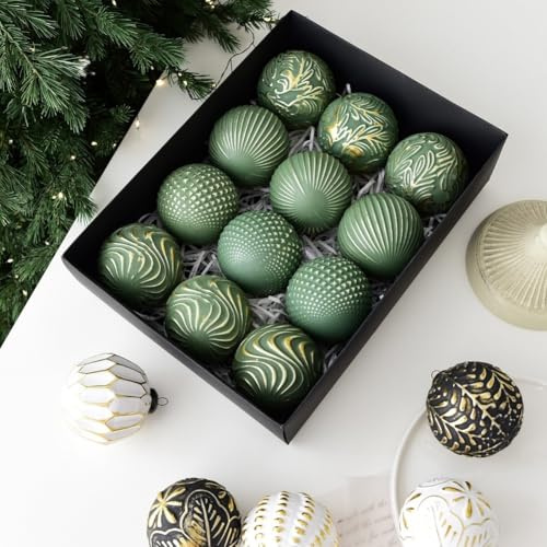 BEAZOOM Adornos retro para árbol de Navidad, 8 cm, estilo antiguo, paquete de 12 unidades, plástico ligero, decoración para colgar en el hogar, ventana, vacaciones, color verde