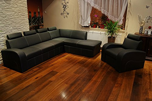 Quattro Meble Schwarz Echtleder Set Antalya II 4z Echtleder Ecksofa 270 x 200cm mit Sessel Sofa Couch mit Schlaffunktion, Bettkasten und Kopfstützen Eck Couch Echt Leder Hermes Nero mit Ziernaht
