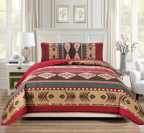 Rugs 4 Less Western Southwestern Indianer Tribal Navajo Design gesteppte Tagesdecke in Braun, Grün und Burgunderrot Mojave (Doppelbett)