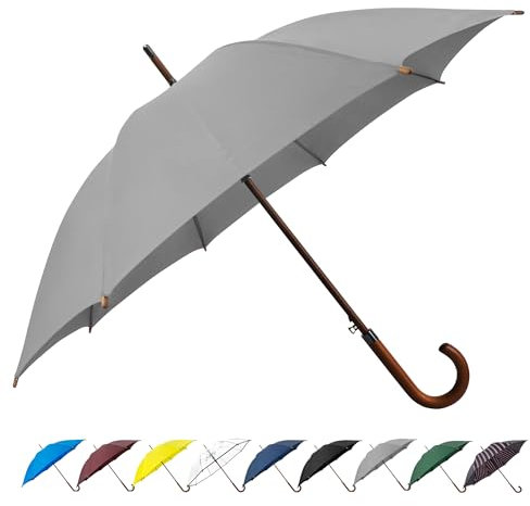 SoulRain Regenschirm mit klassischem Holzgriff, automatisches Öffnen, winddicht, transparent, unzerbrechlich, 121,9 cm, (Grau)