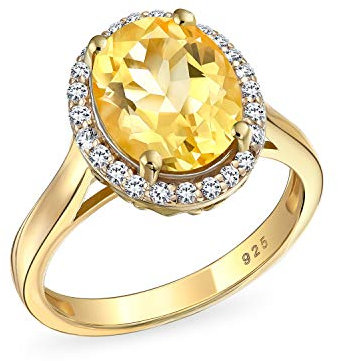 Bling Jewelry 3CT Brillantschliff ovaler Edelstein gelber Citrin Zirkon Halo Ring für Frauen -14K vergoldet .925 Silber November Geburtsstein