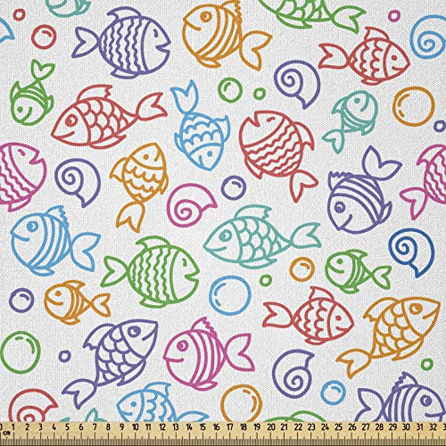 ABAKUHAUS Fisch Stoff als Meterware, Doodle Fisch Happy Aquarium, Microfaser Multi Zweck Dekostoff für Kunsthandwerke, 3M (230x300cm), Mehrfarbig