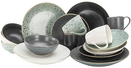 CreaTable, 14634, Serie INDUSTRIAL GOLD, 16-teiliges Geschirrset, Kombiservice aus Steinzeug, spülmaschinen- und mikrowellengeeignet, Qualitätsproduktion