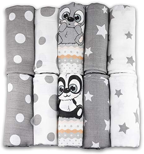 FENSILO - Mullwindeln - Mulltücher - 10er Pack 70x80 cm - Stoffwindeln, Made IN EU - schadstoffgeprüft - Spucktücher für Jungen und Mädchen - Baby Mullwindeln – grau - weiß