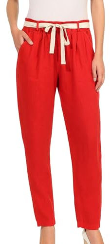 Mississhop 317 Damen Leinenhose lockere Freizeithose Lange Hose mit Gürtel 100% Leinen Rot