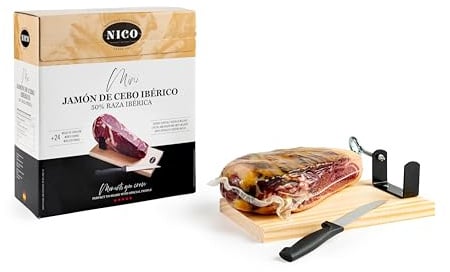 Nico Jamones - Pack de JAMON IBERICO Deshuesado. MINI JAMON IBERICO 50% raza ibérica con kit de mini jamonero y cuchillo. Aprox. 1 kg. Curación de más de 24 meses.