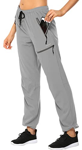 MOCOLY Leicht Wanderhose Damen Cargo Outdoorhose Trekkinghose Funktionshose Elastischem Gummibund Sommer Outdoor Hose Lang Schnelltrocken UPF 50 mit Reißverschlusstasche Hell Grau XL