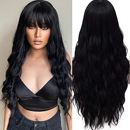 ATAYOU Damen Lange Schwarze Perücke Mit Pony Synthetische Perücke Für Frauen Party Cosplay Perücke(Schwarz)