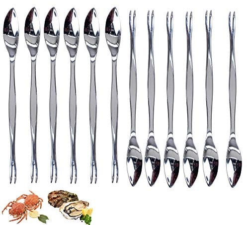 CUPERINOX Cubiertos para marisco | Pinzas para marisco | Tenazas para marisco | 12 Unidades | Cubiertos marisco (Cangrejo, Langosta, Ostras) | Tenedor de marisco con dos dientes inferiores y cuchara.