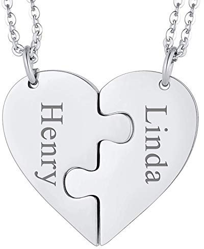 JewelryWe Schmuck Personalisierte Halskette mit Gravur, 2PCS Herz Puzzleteile Anhänger, Edelstahl Partner Pärchen Freundschaft BFF Kette Geschenk Silber