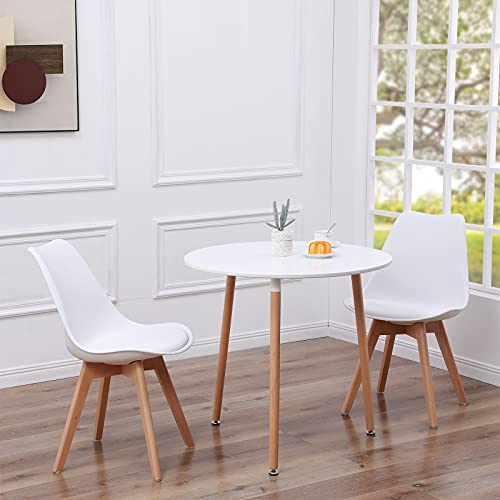 EGGREE Set Tisch und 2 Stühle, skandinavisch, Esstisch, rund, aus Holz, 80 cm, mit Küchenstühlen – Weiß