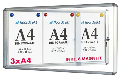 Floordirekt Schaukasten 3xA4 inkl. 6 Magnete Infokasten Aushang Aushangkasten Magnetische & beschreibbare Rückwand Plakatschaukasten mit Alurahmen & Acrylglas