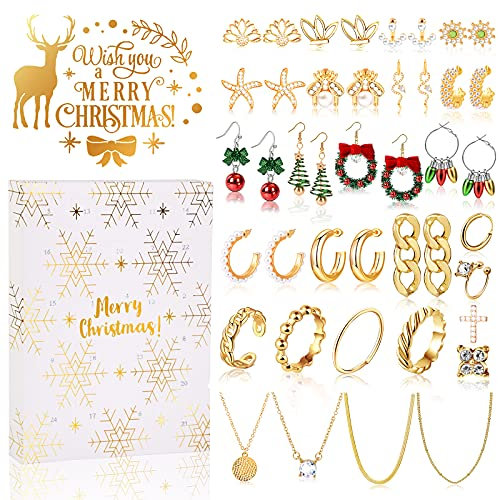 MJARTORIA Adventskalender Schmuck für Erwachsene Frauen 2025 Weihnachtskalender 24 Überraschungen mit Kette Ringe Ohrstecker Weihnachte Ohrringe