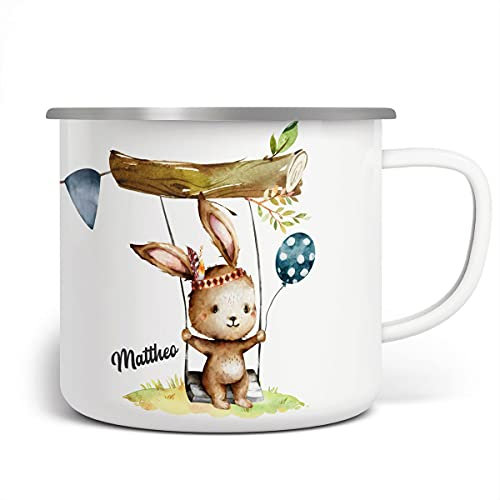miKalino Emaille Tasse Jungs - Trinkbecher Kinder personalisiert - Emaille Becher mit Hasen-Motiv - Kindertasse mit Namen - Kindertasse bedruckt - Emaille Becher Weiß