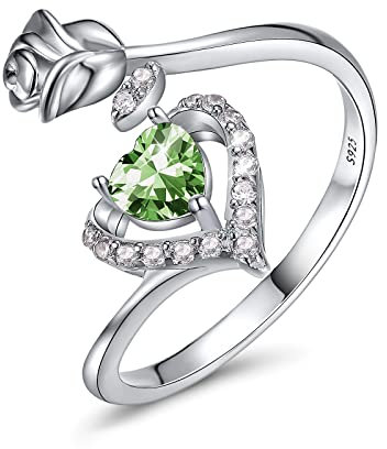 Bagues de naissance en argent sterling 925 pour femmes Mois Coeur Rose Fleur Réglable Ouvert Anneau Août Pierre De Naissance Anneaux Cadeau Bijoux