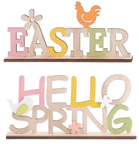 LATRAT 2 Stück Holz Schriftzug Osterdeko Easter Hello Spring mit Vögelchen Blumen, Frühling Ostern Party Festival Dekoration Zuhause Wohnzimmer Schlafzimmer