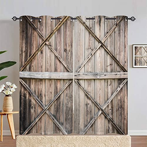 ANHOPE Rustic Wooden Barn Door Curtains Eyelet 80% Blackout Room Darkening Curtains with Farm Vintage Gate Print Pattern Light Blocking Window Drapes for Bedroom Living Room 66 x 90 Inch Drop 2 Panels
