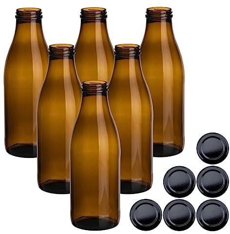 gouveo 6er Set Saftflasche 1000 ml Antik mit Schraubdeckel schwarz - Braune Glasflasche 1 Liter mit TO48 Verschluss - Leere Flasche zum Befüllen (SFA1000SZ)