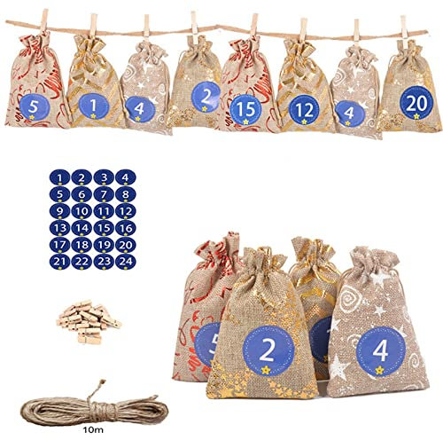 TianWlio Geschenk-Leinenbeutel, Weihnachtssüßigkeiten, Adventskalender, 1–24, Bündel, Baumwollmuster, Heimdekoration Adventskalender zum Befüllen Weihnachtskalender (Multicolor, One Size)