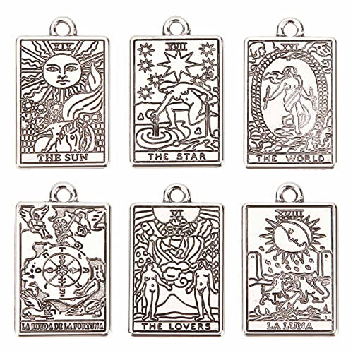 SUNNYCLUE 1 Schachtel 36 Stück Tarot Charms Tarotkarten Charm Rechteck Charm Legierung Metall Ouijas Schutzamulett Sonne Tarot Karten Charms Für Die Schmuckherstellung Charms Halsketten Ohrringe Schlü