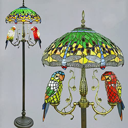 Antike Tiffany Stehlampe [5-Lichter] [18 ''WX65 ''H] Libelle Papageien Mission Style Buntglas Stehlampe Stehende Leseleuchte für Wohnzimmer Schlafzimmer Home Office Studie,Grün